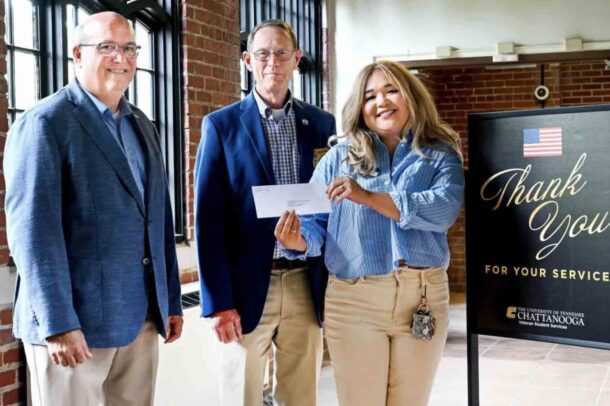 MOAA Chattanooga Chapter Treasurer Jack Mullinax, left, President Ray Mitchell and UTC Veteran and Military Affairs Director Sylvana Matthews.